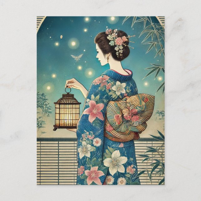 Cartão Postal quimono de verão & vaga-lumes (Frente)