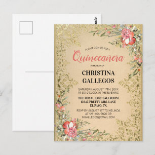 Cartão Postal Quinceanera Floral Clássica Vintage Dourada Rosa