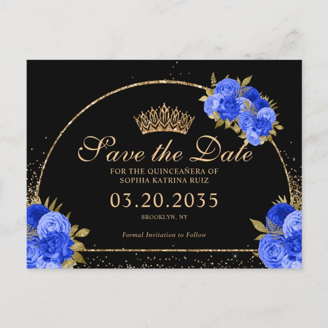 Cartão Postal Quinceanera Floral Dourada Azul Real Preta (Frente)