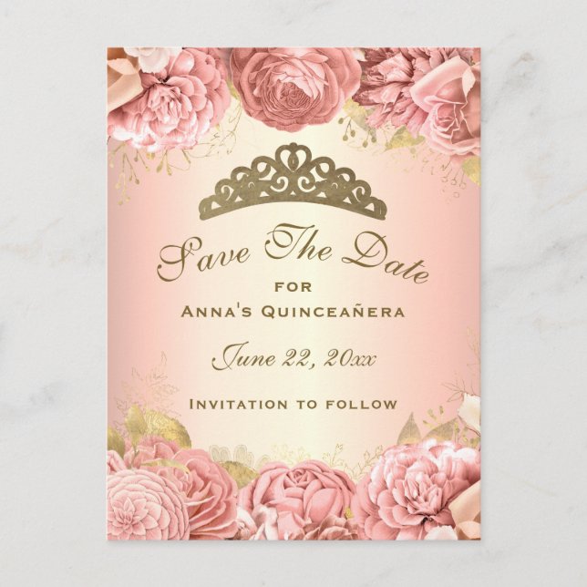 Cartão Postal Quinceanera Floral Dourada Elegante Salva A Data (Frente)
