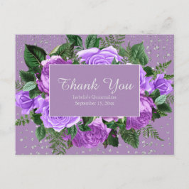 Cartão Postal Quinceañera Purple Flowers Obrigado Silver Glitter