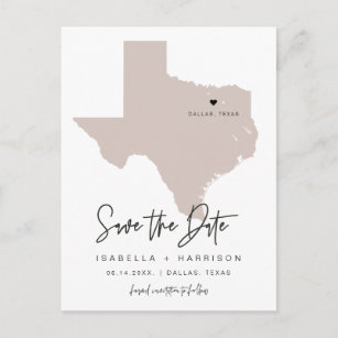 Cartão Postal QUINN- Mapa do Texas Salvar a Data (Coração Movíve