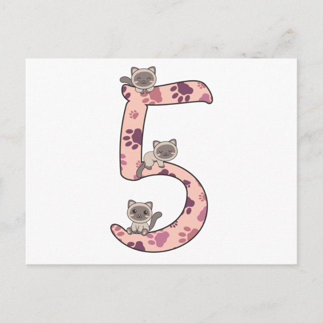 Cartão Postal Quinto Aniversário Do Gato Siamês Para Crianças (Frente)