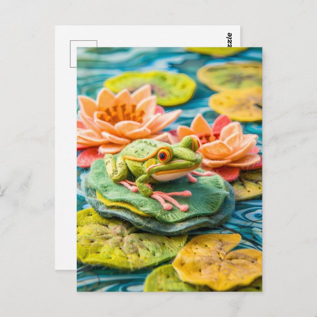 Cartão Postal Rã Verde em Folhas de Lótus em Lago (Frente/Verso)