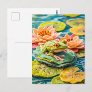 Cartão Postal Rã Verde em Folhas de Lótus no Lago