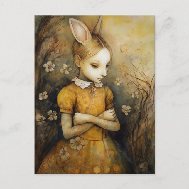 Cartão Postal Rabbit Child in a Yellow Floral Vress (Frente)