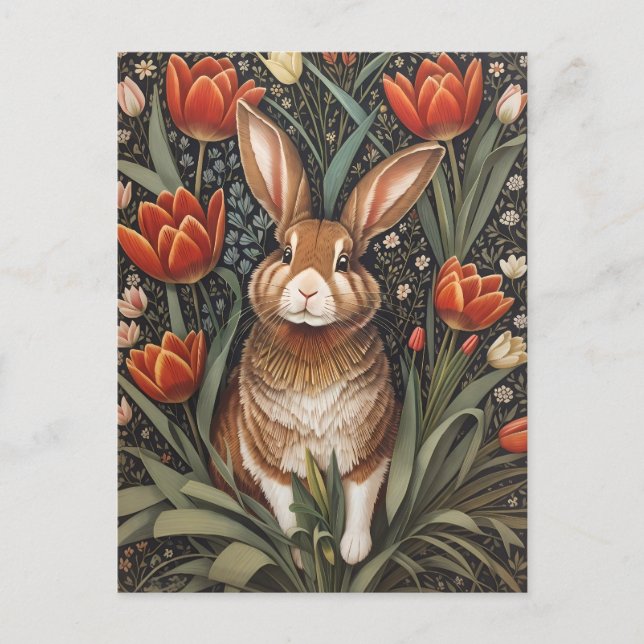 Cartão Postal Rabbit vermelho Tulipas William Morris inspiradas (Frente)