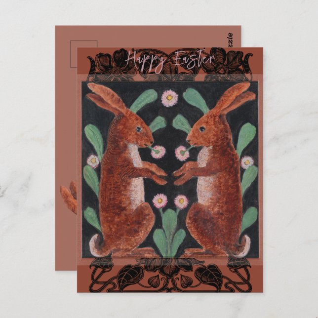 Cartão Postal Rabbits Ilustração pintada (Frente/Verso)