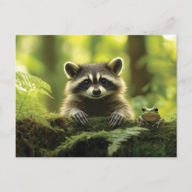 Cartão Postal Raccoon Adorável e Pequim de Sapo sobre Mossy Log  (Frente)