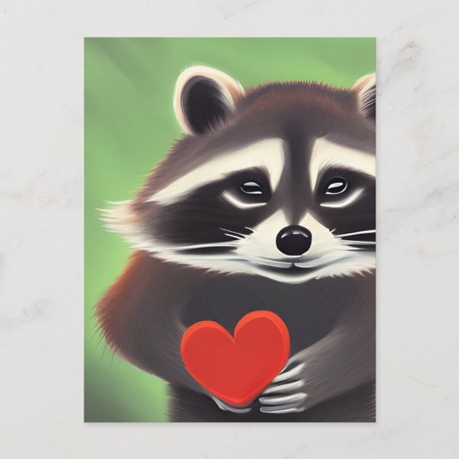 Cartão Postal Raccoon Adorável Segurando Um Coração (Frente)