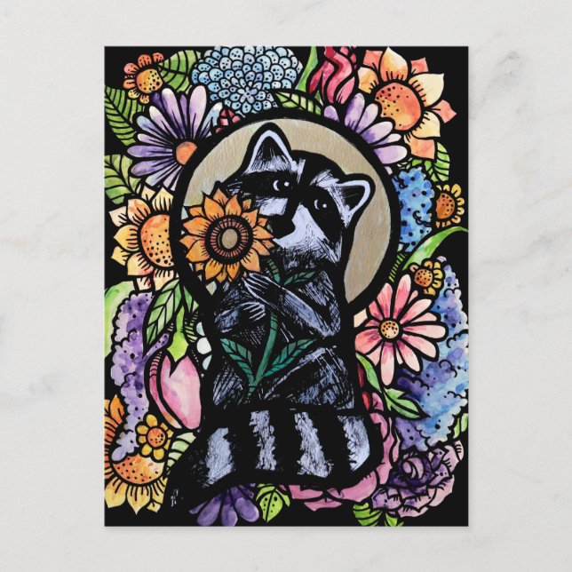Cartão Postal Raccoon Art Flower Raccoons Design com girassol (Frente)