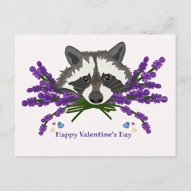 Cartão Postal Raccoon com lavanda. Feliz dia de os namorados (Frente)