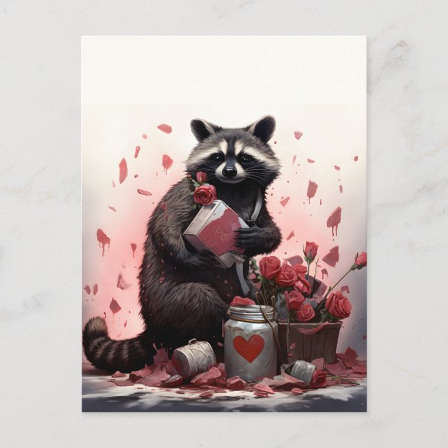 Cartão Postal Raccoon com lixo de Dia de os namorados (Frente)
