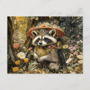 Cartão Postal Raccoon com um Cogumelo Gástrico Voador em Fantasi