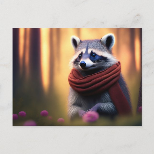 Cartão Postal Raccoon com um Scarf na Floresta (Frente)