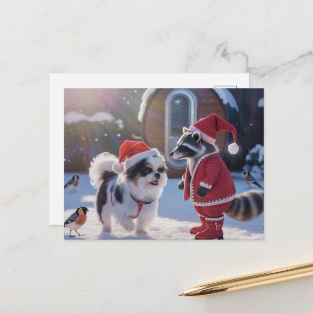 Cartão Postal Raccoon e um Natal Festivo para Cachorros (Frente/Verso In Situ)