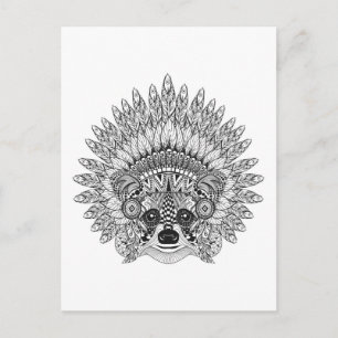Cartão Postal Raccoon Em Doodle De Bonnet Na Guerra Das Penas