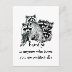 Cartão Postal Raccoon Family Love Cita Arte Animal