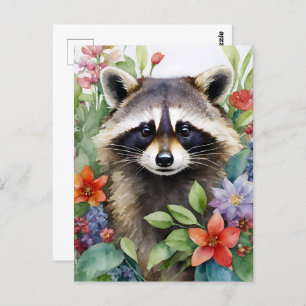 Cartão Postal Raccoon Floral Watercolor Art