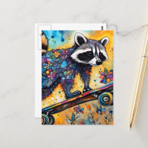 Cartão Postal Raccoon Skateboard