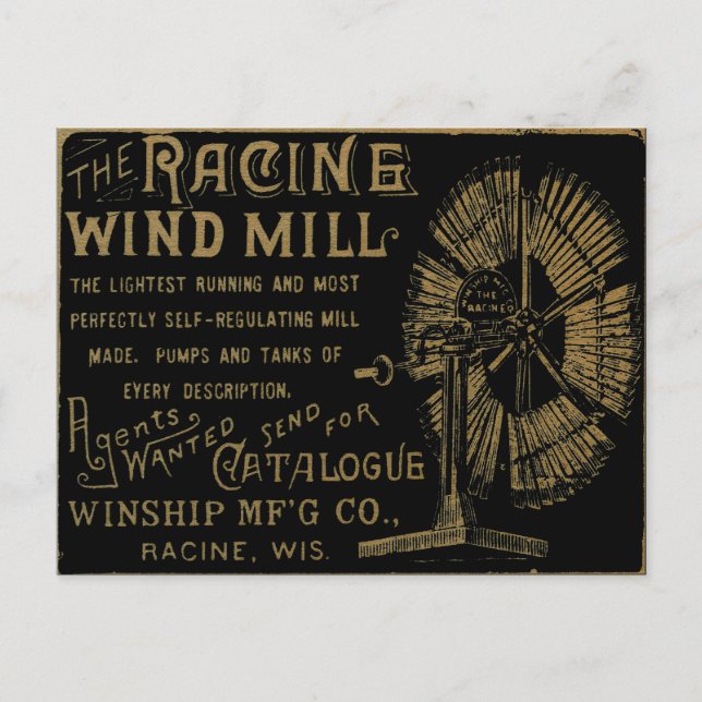 Cartão Postal Racine Wind Mill Racine Wisconsin 1889 (Frente)