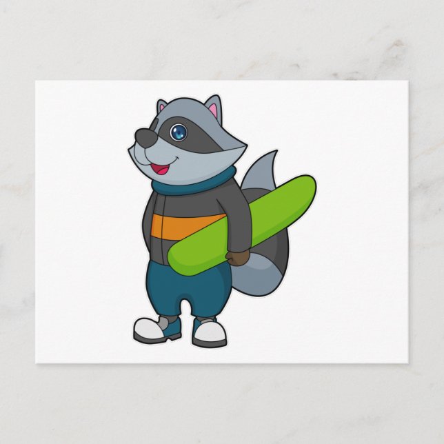 Cartão Postal Racoon como Snowboarder com Snowboard (Frente)