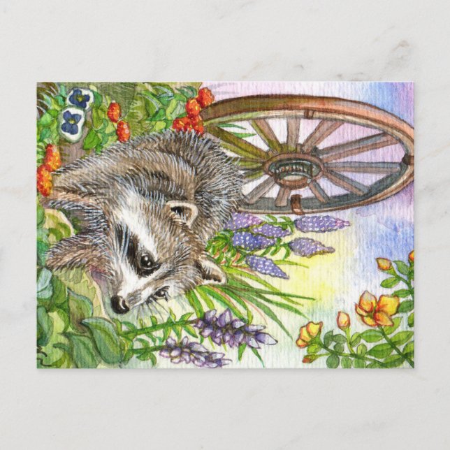 Cartão Postal Racoon Por Jardim Flor (Frente)