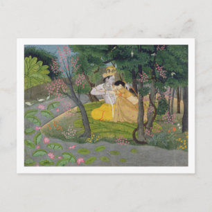 Cartão Postal Radha and Krishna embrace in a grove of flowering