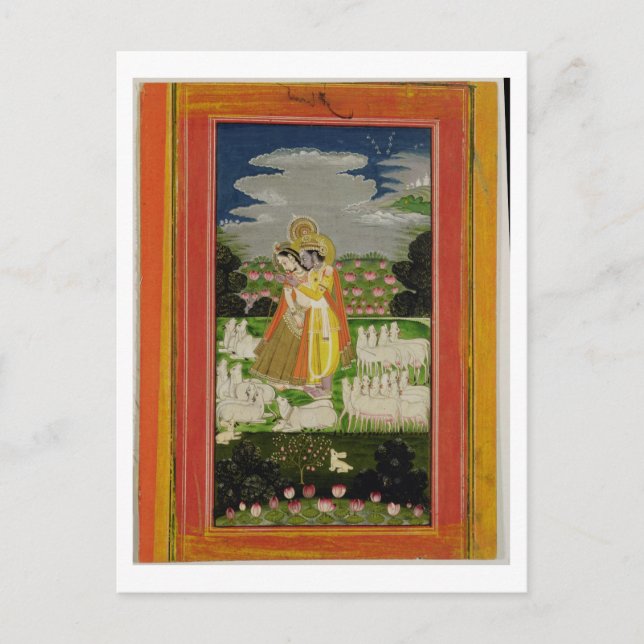 Cartão Postal Radha e Krishna abraçam-se numa paisagem idealizad (Frente)