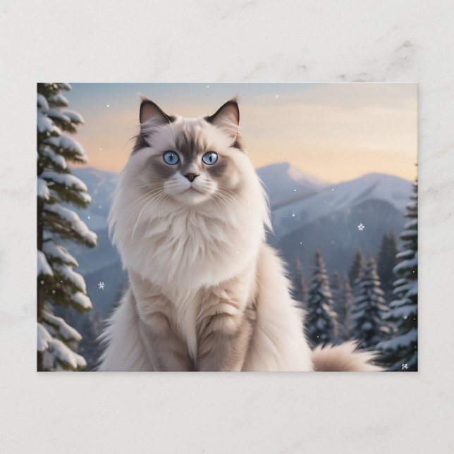 Cartão Postal Ragdoll Cat na Montanha Snowy com Serene Winter (Frente)