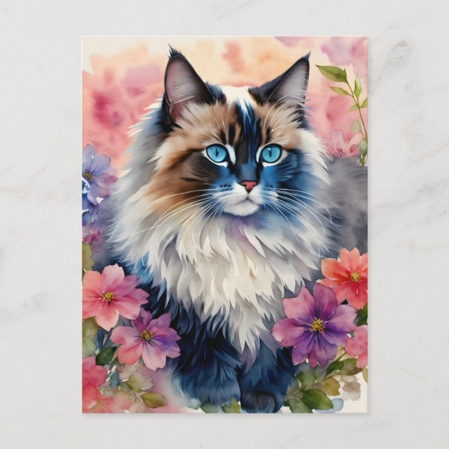 Cartão Postal Ragdoll Cat Retrato Floral (Frente)