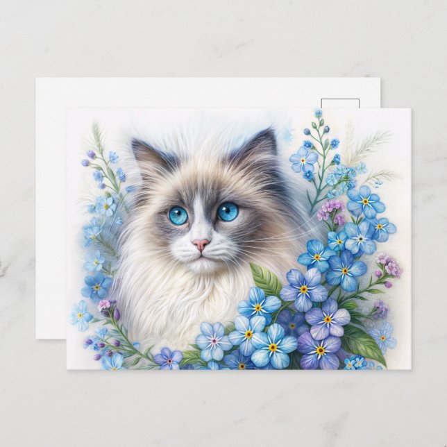 Cartão Postal Ragdoll Cat With Forget-Me-Nots (Frente/Verso)
