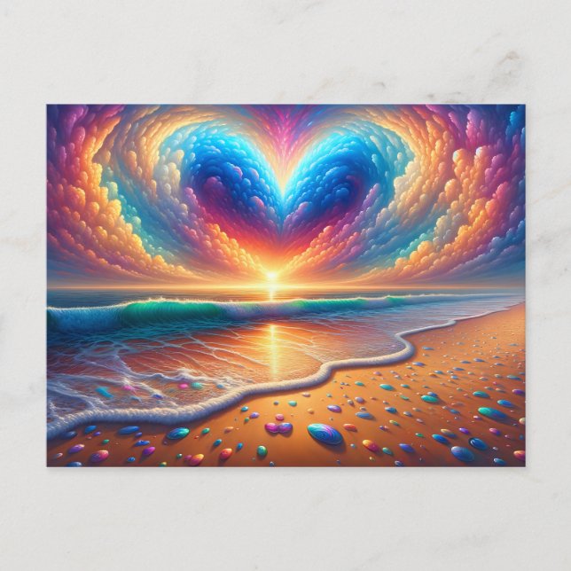 Cartão Postal Rainbow Heart Cloud Over the Beach (Frente)