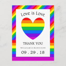 Cartão Postal Rainbow Heart Love is Love Weding Obrigado