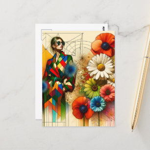 Cartão Postal Rainbow Vintage Flowers Fashion Sketch