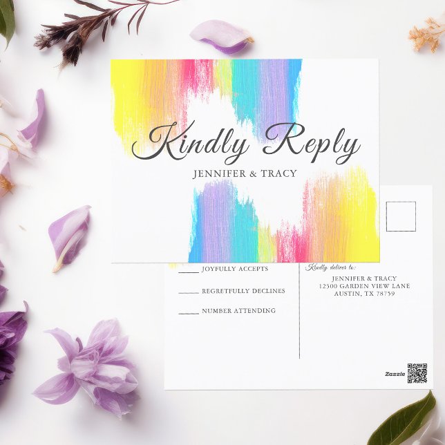 Cartão Postal Rainbow Wedding Kindly Responde RSVP (Criador carregado)