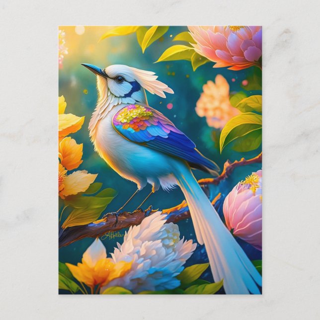 Cartão Postal Rainbow Winged Jay Fantasy Bird (Frente)