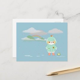 Cartão Postal Rainey Day Mochi com um amigo Teal Raincoat Froggy