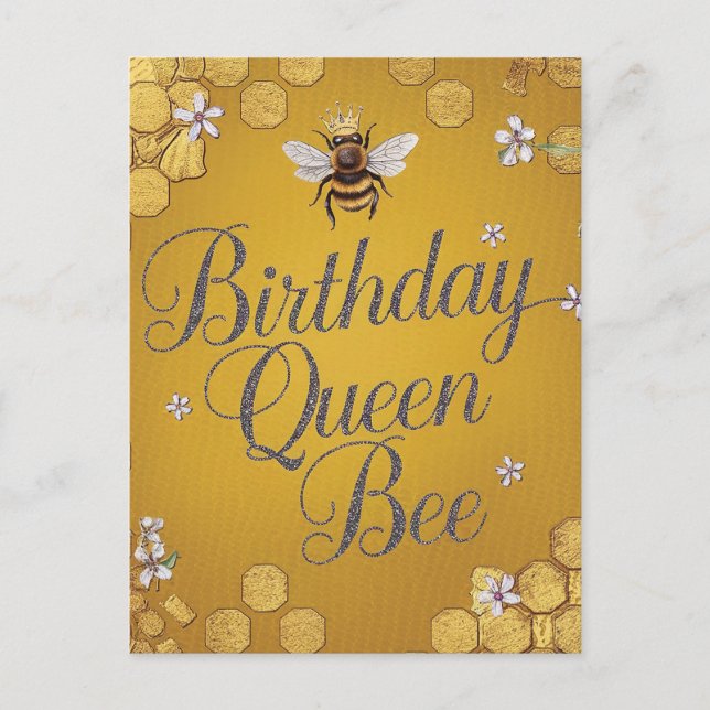Cartão Postal Rainha Abelha de Aniversário - Estilo Design Favo  (Frente)