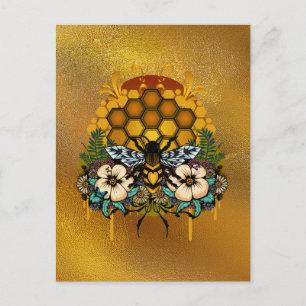 Cartão Postal Rainha Abelha Mel Floral Arte Folha Dourada Elegan