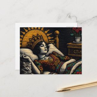 Cartão Postal Rainha de Conto de Fadas e Seu Gato na Cama