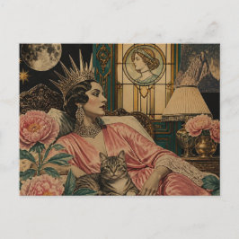 Cartão Postal Rainha do Conto de Fadas Retro e Seu Gato na Cama