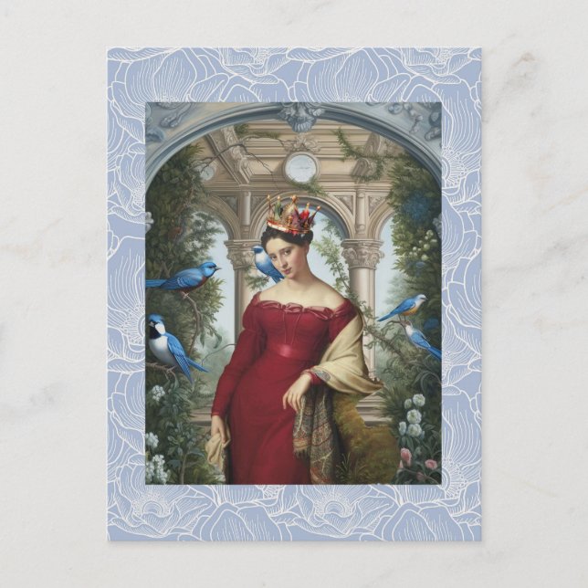 Cartão Postal Rainha em vermelho com aves azuis (Frente)