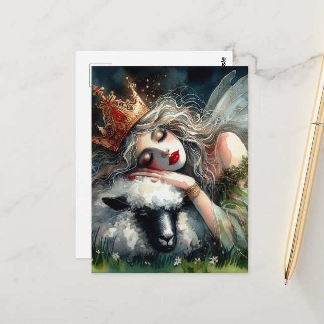 Cartão Postal Rainha Fada Dormindo em Sua Ovelha de Pet (Frente/Verso In Situ)