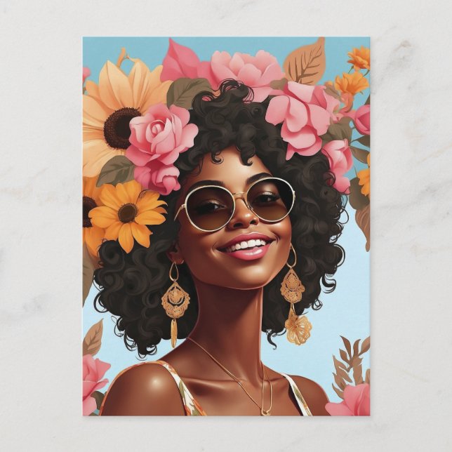 Cartão Postal Rainha negra floral afro melanina mulher amor (Frente)