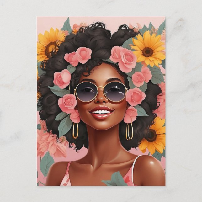 Cartão Postal Rainha negra floral afro melanina mulher amor (Frente)