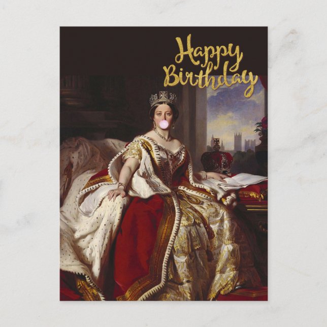 CARTÃO POSTAL RAINHA VITÓRIA SOPRANDO CHICLETE ROSA  (Frente)