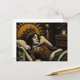 Cartão Postal Rainha Xilogravada e Seu Gato na Cama