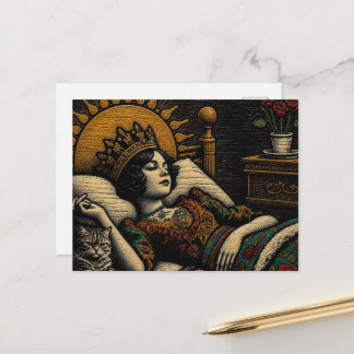 Cartão Postal Rainha Xilogravada e Seu Gato na Cama