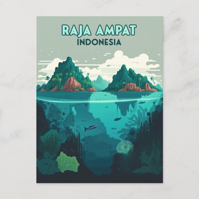 Cartão Postal Raja Ampat Indonésia Submarino Scuba Retro (Frente)